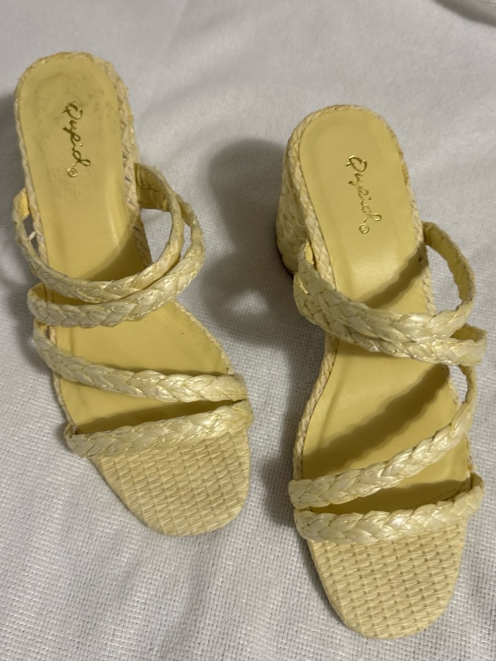 Qupid Light Yellow Braided Strap Slide Heels